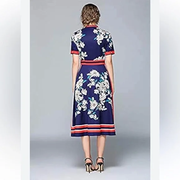 Lai Meng Five Cats Floral Midi A-line Dress  Necktie Short SleeveNavy NWT sz8 - Picture 2 of 3